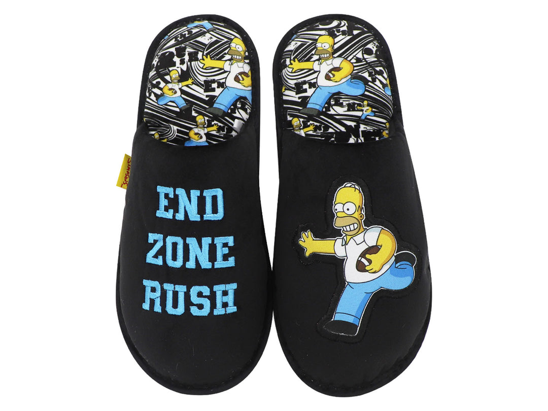 Par de pantuflas negras de tela con estampado de Homero Simpson y texto en azul.