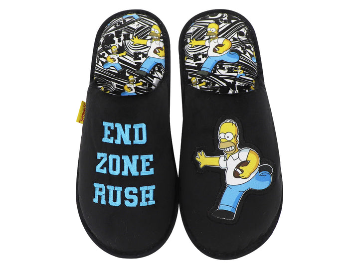 Par de pantuflas negras de tela con estampado de Homero Simpson y texto en azul.