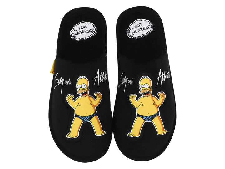 Par de pantuflas negras con diseño bordado de Homero Simpson y texto decorativo.