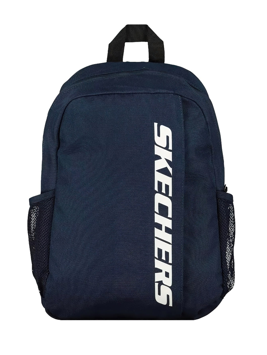 Mochila Skechers color azul marino con logotipo blanco vertical y bolsillos laterales de malla.