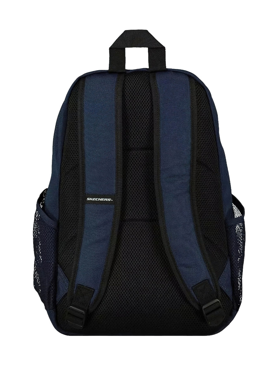 Mochila Skechers color azul marino con logotipo blanco vertical y bolsillos laterales de malla.