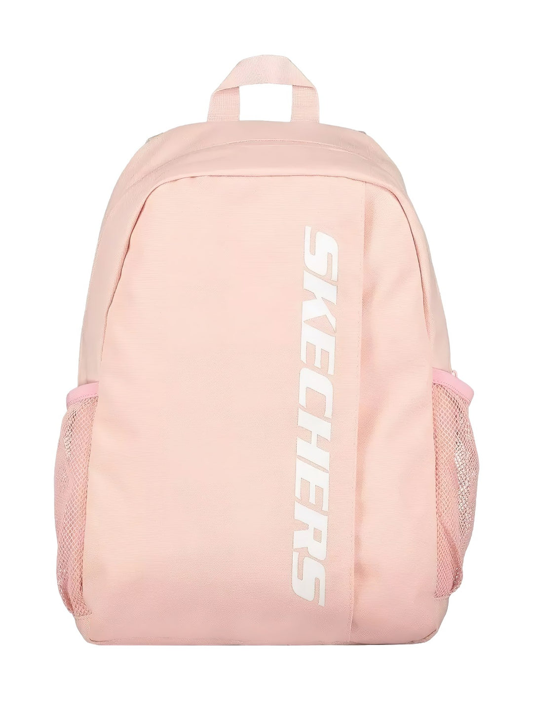 Mochila escolar Skechers de color rosa con logotipo blanco vertical y bolsillos laterales de malla.