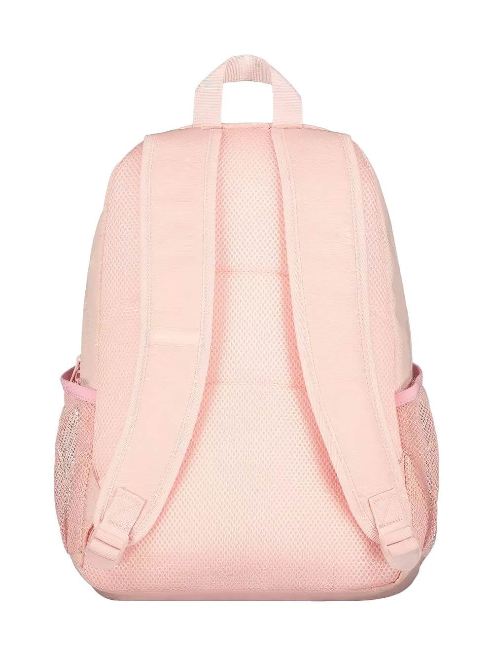 Mochila escolar Skechers de color rosa con logotipo blanco vertical y bolsillos laterales de malla.