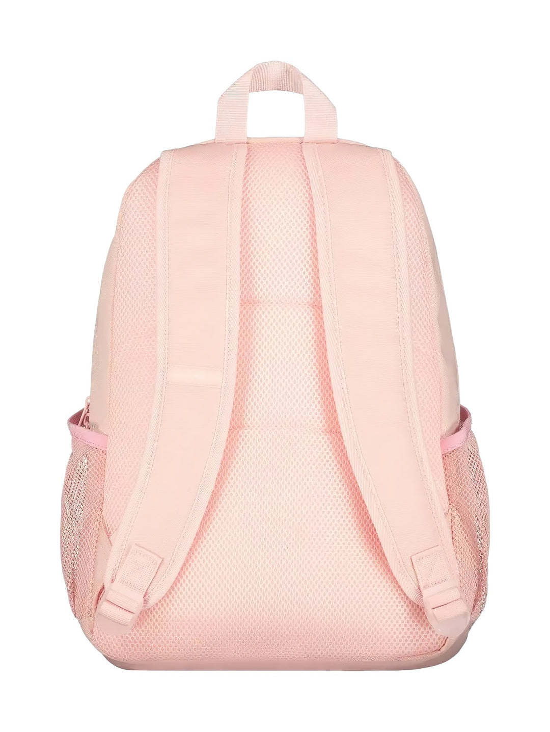 Mochila escolar Skechers de color rosa con logotipo blanco vertical y bolsillos laterales de malla.