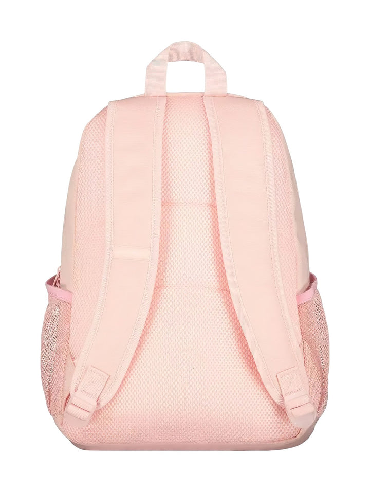 Mochila escolar Skechers de color rosa con logotipo blanco vertical y bolsillos laterales de malla.