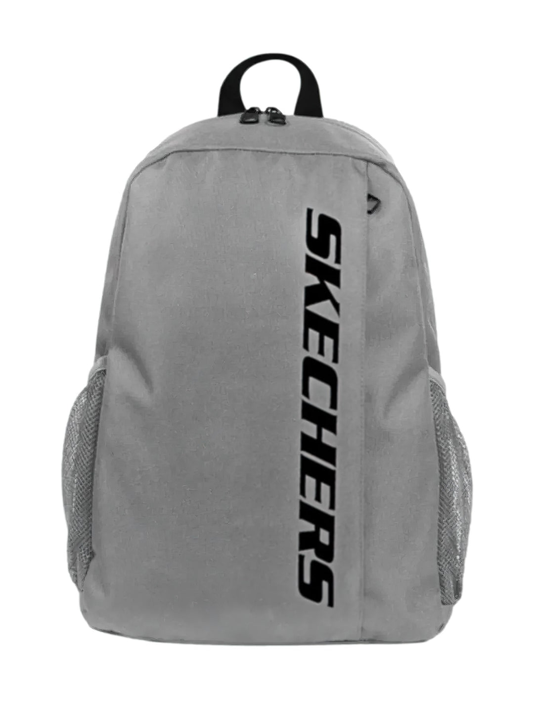 Mochila escolar Skechers de color gris con logotipo negro vertical y bolsillos laterales de malla.