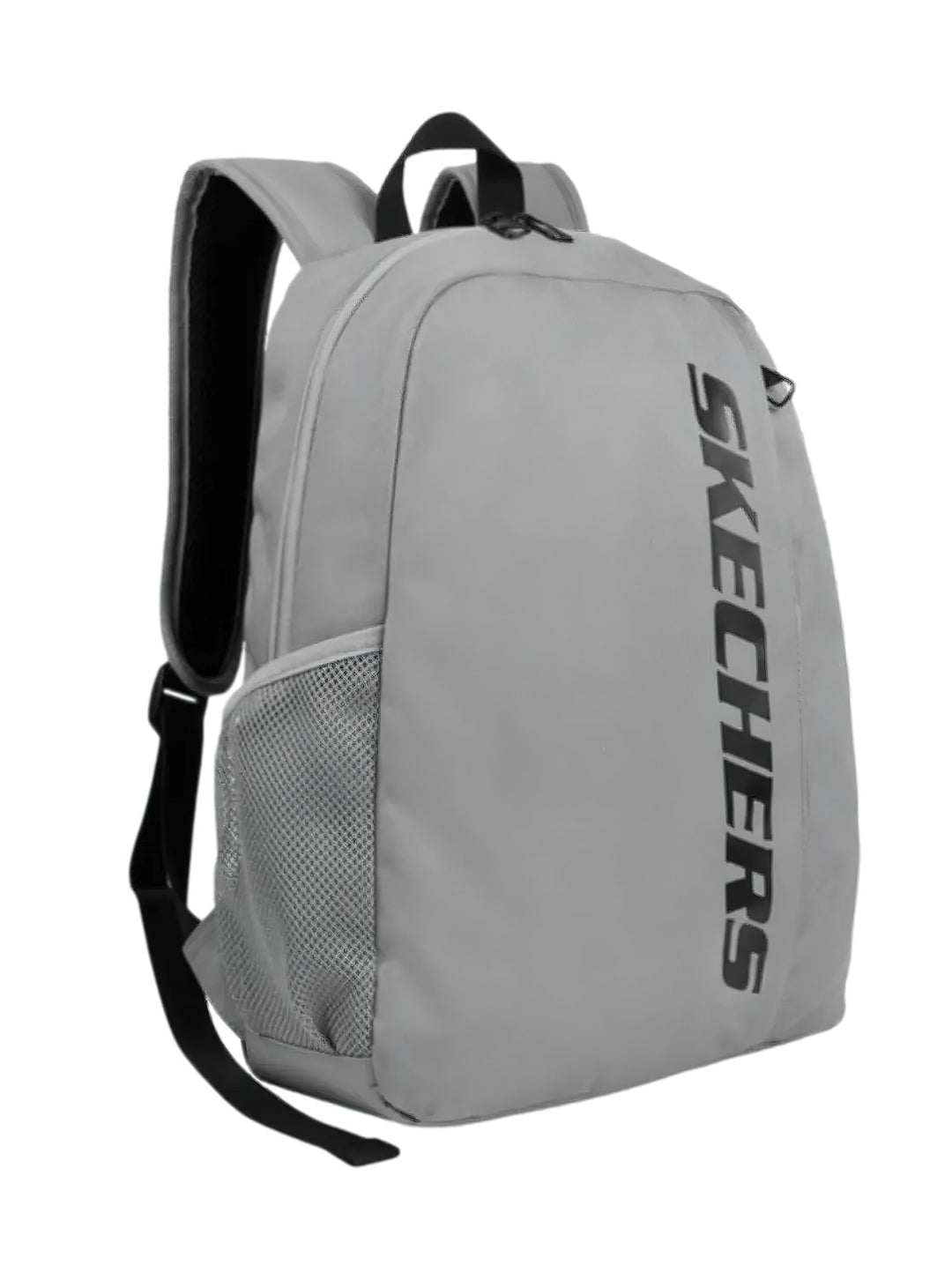 Mochila escolar Skechers de color gris con logotipo negro vertical y bolsillos laterales de malla.