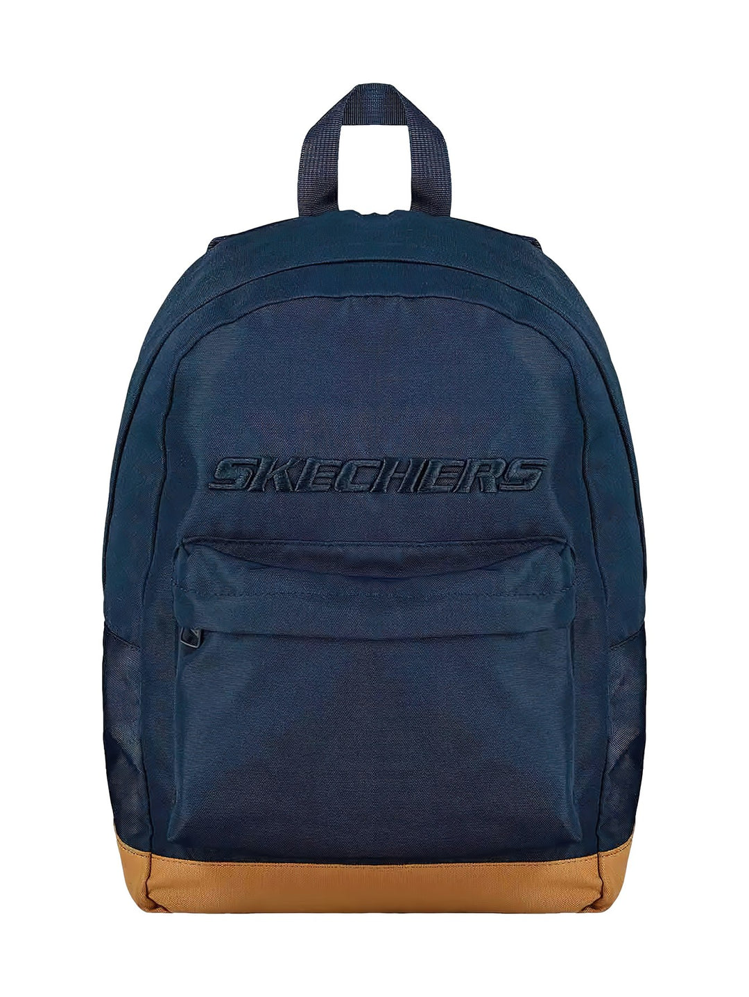 Mochila Skechers color azul marino con base marrón y logo frontal en relieve.