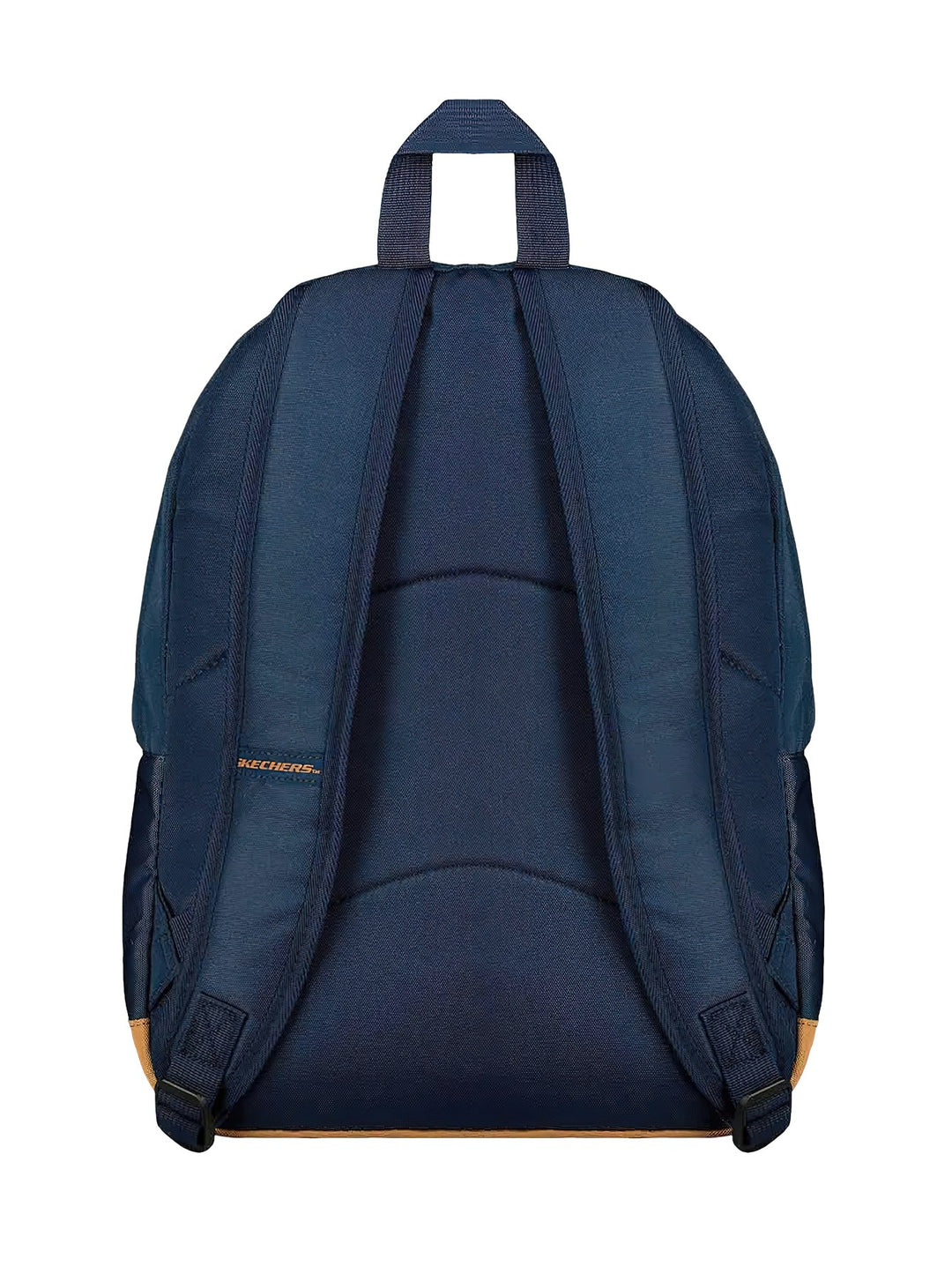 Mochila Skechers color azul marino con base marrón y logo frontal en relieve.
