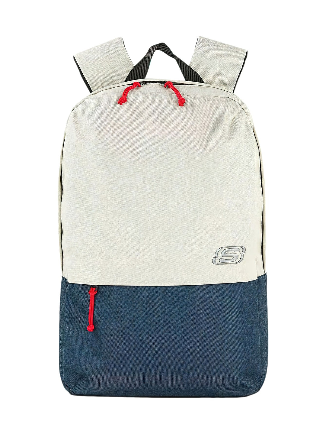 Mochila Skechers bicolor en gris y marino con detalles en rojo y logotipo frontal.