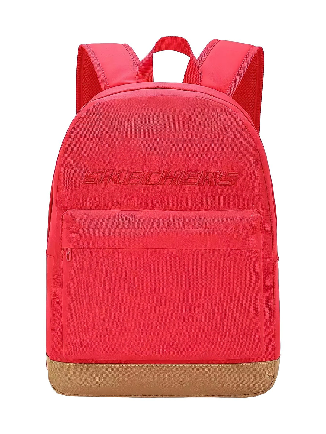 Mochila Skechers de color rojo con base café y logotipo frontal en relieve.