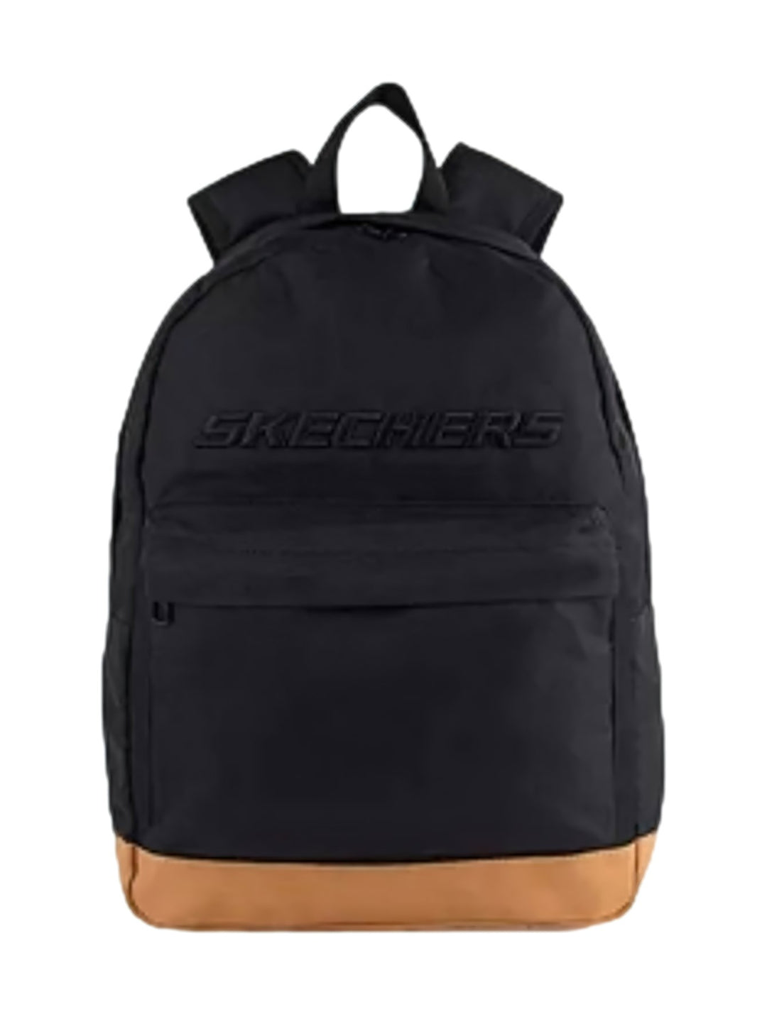 Mochila Skechers color negro con base en tono marrón y logotipo frontal, diseño deportivo unisex.
