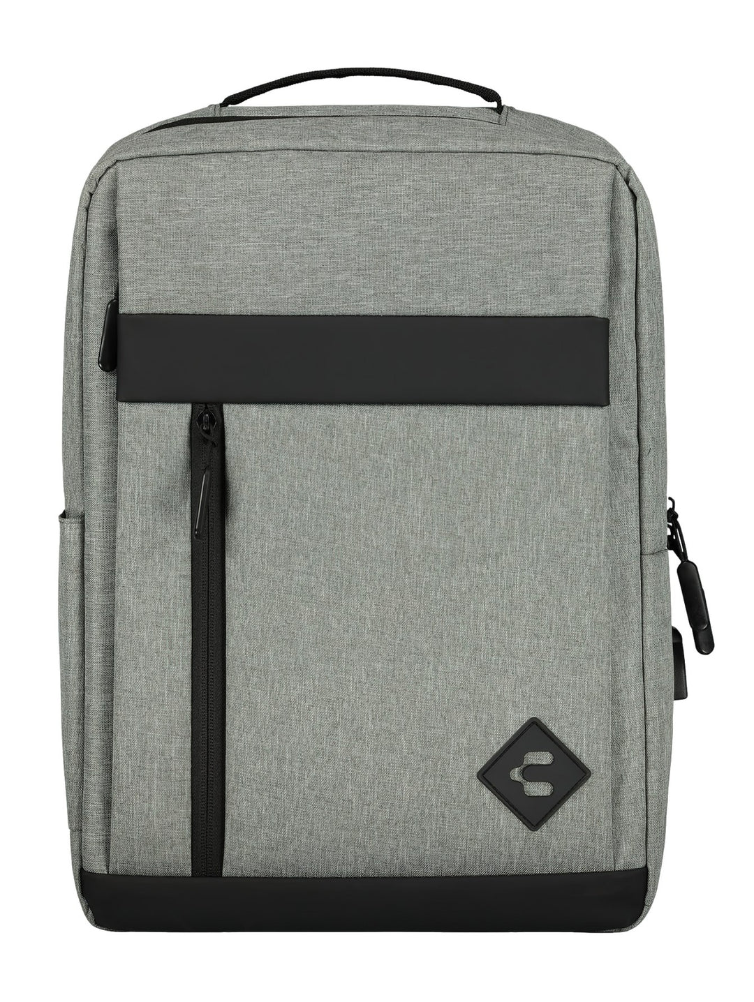 Mochila unisex de color gris con detalles en negro y logotipo romboidal en la parte inferior.