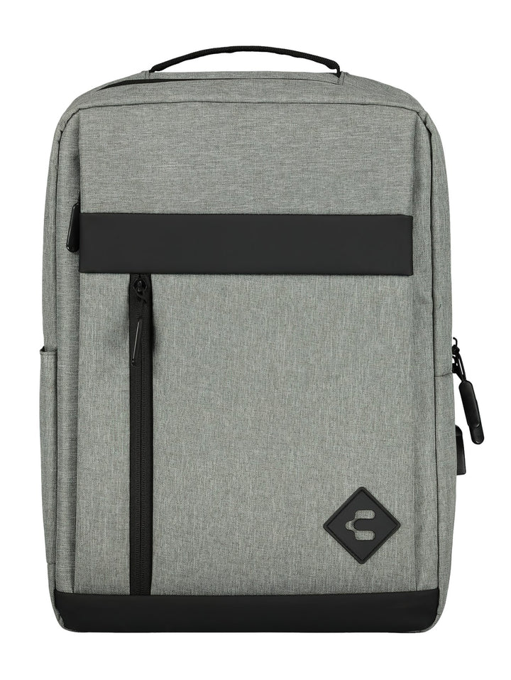 Mochila unisex de color gris con detalles en negro y logotipo romboidal en la parte inferior.