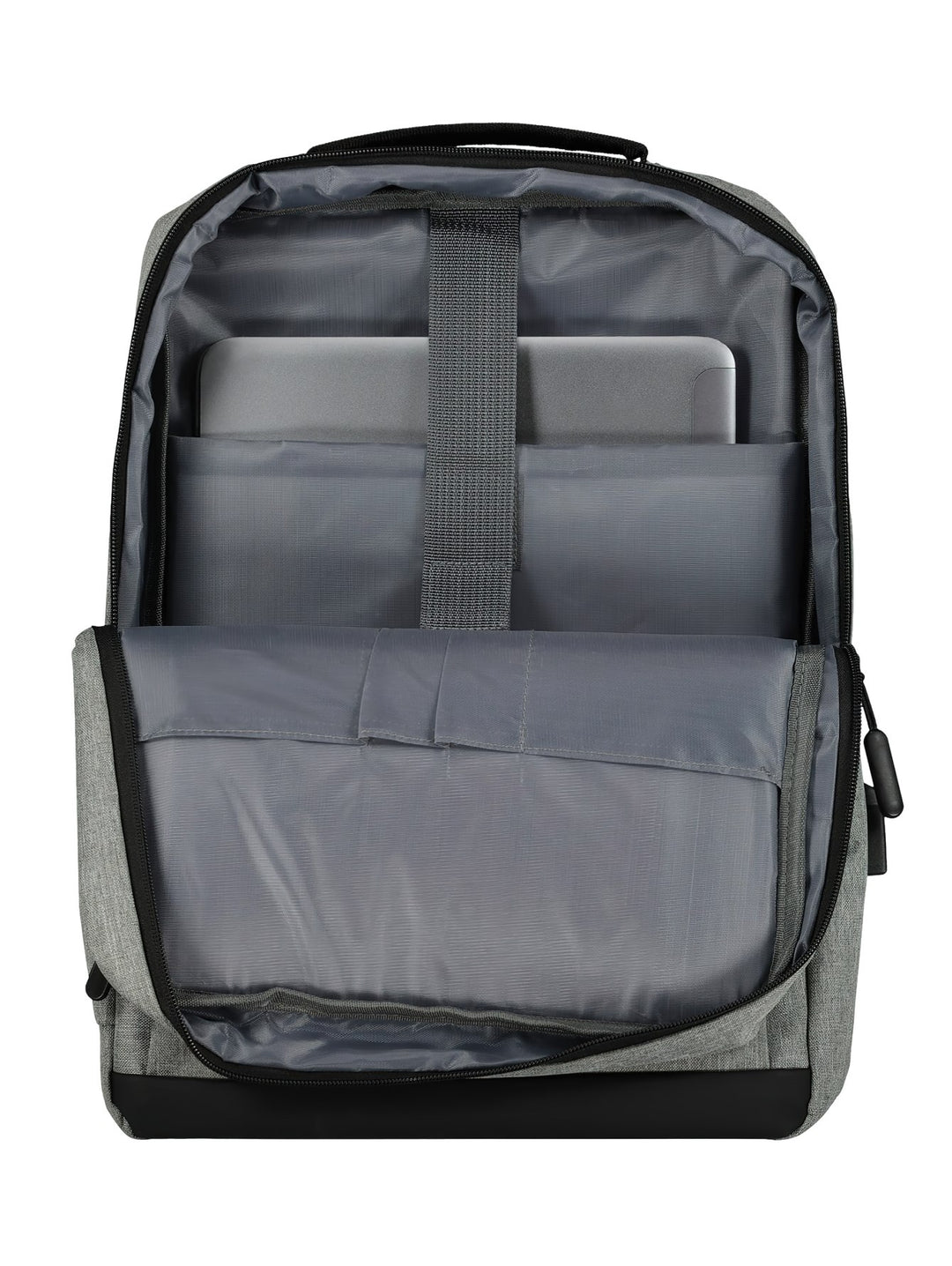 Mochila unisex de color gris con detalles en negro y logotipo romboidal en la parte inferior.