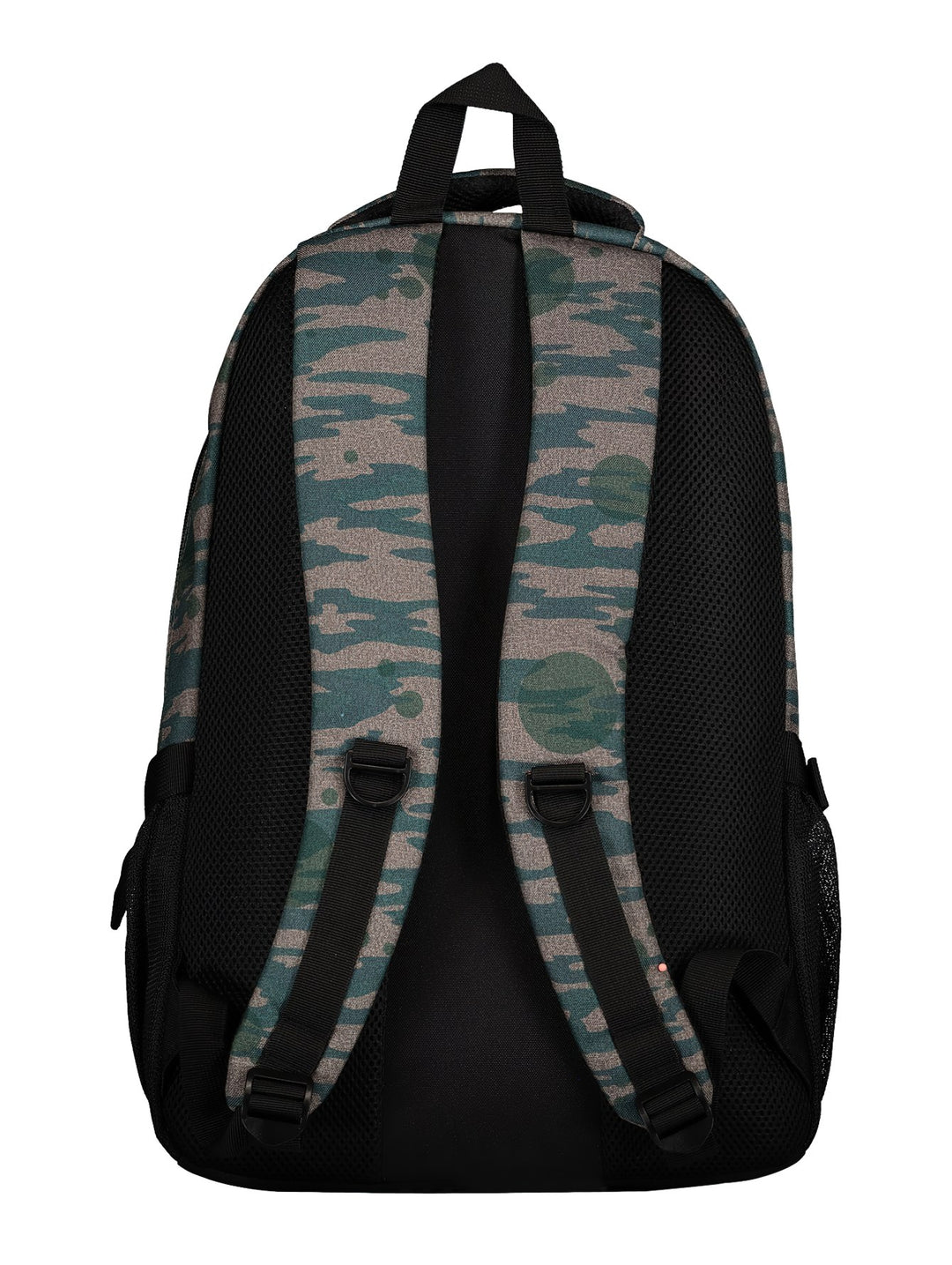 Mochila unisex Charly con estampado de camuflaje en tonos verdes y grises con detalles en negro.