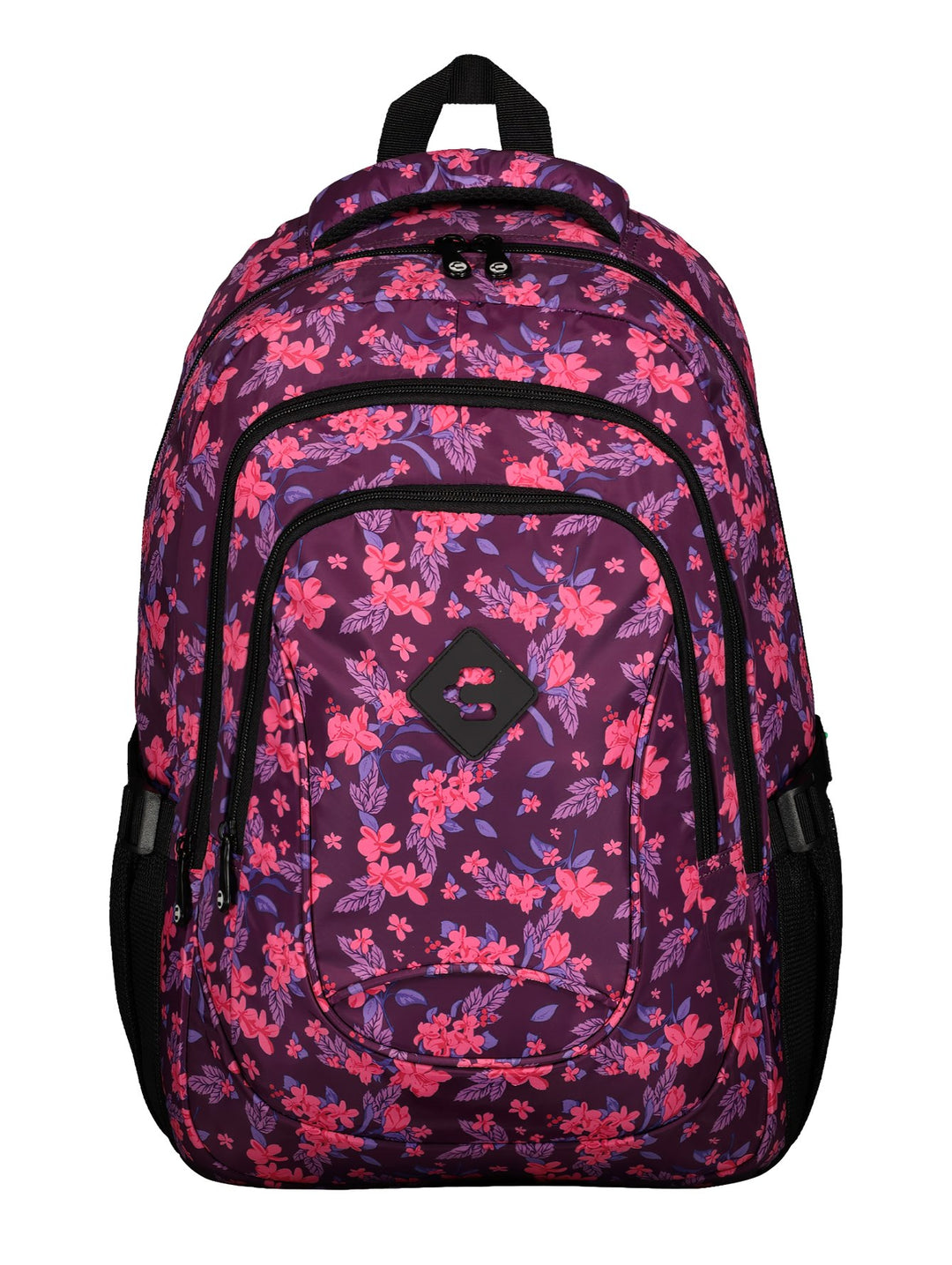 Mochila unisex Charly con estampado floral en tonos fucsia y morado, con detalles y cierres en color negro.