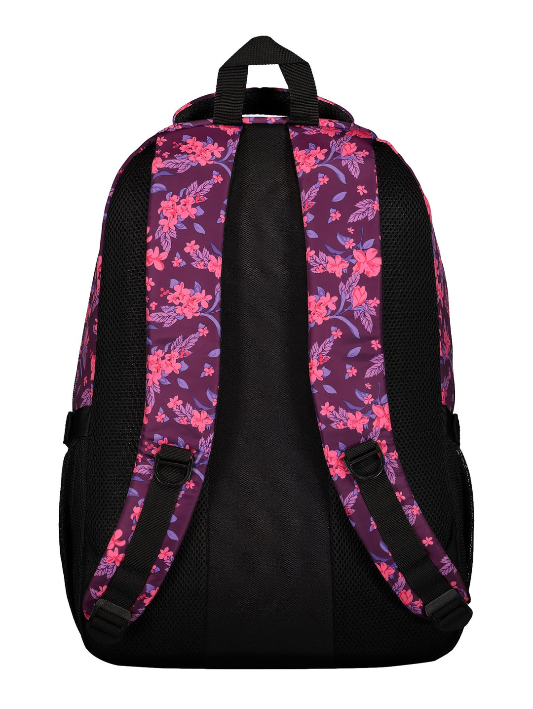 Mochila unisex Charly con estampado floral en tonos fucsia y morado, con detalles y cierres en color negro.