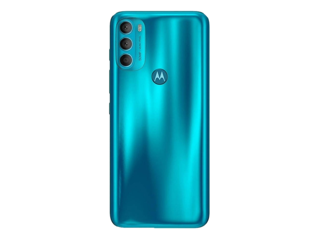 Vista posterior de un teléfono Motorola G71 en color verde brillante con módulo de triple cámara.