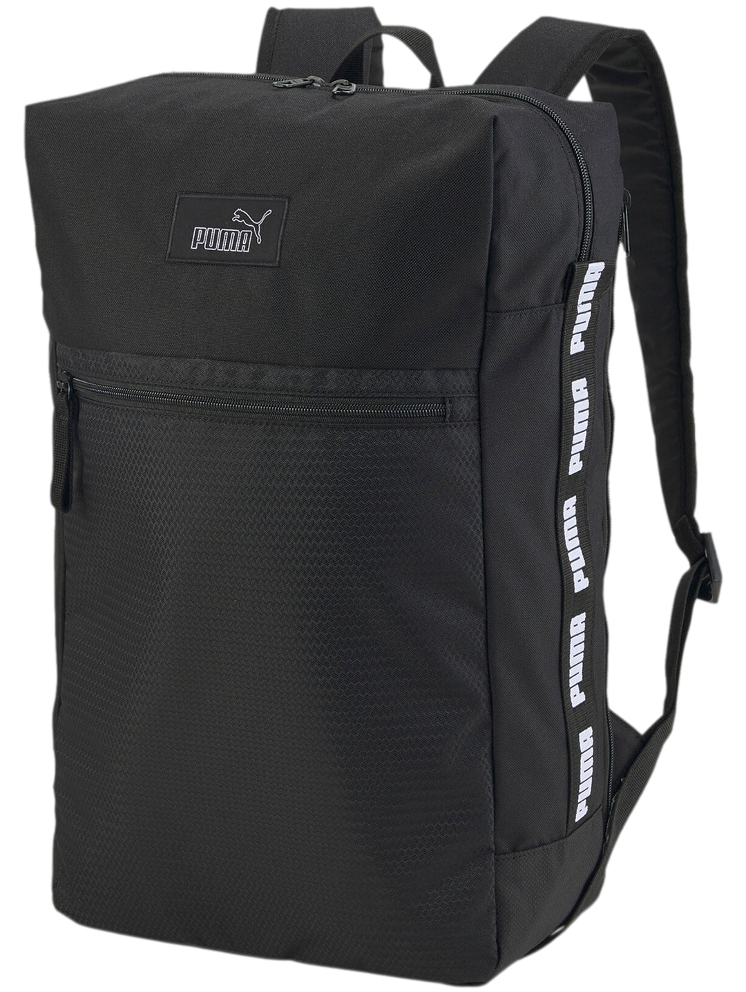 Mochila PUMA Evoess Box de color negro con logotipo frontal y cinta lateral blanca con texto