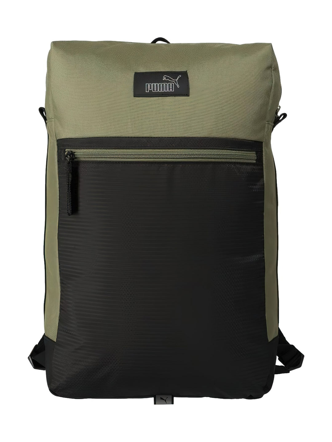Mochila PUMA de color oliva y negro con bolsillo frontal con cierre y logotipo de la marca en la parte superior.