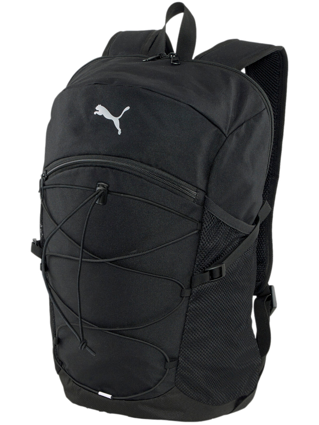 Mochila Puma color negro con logo blanco y cordones elásticos en la parte frontal.
