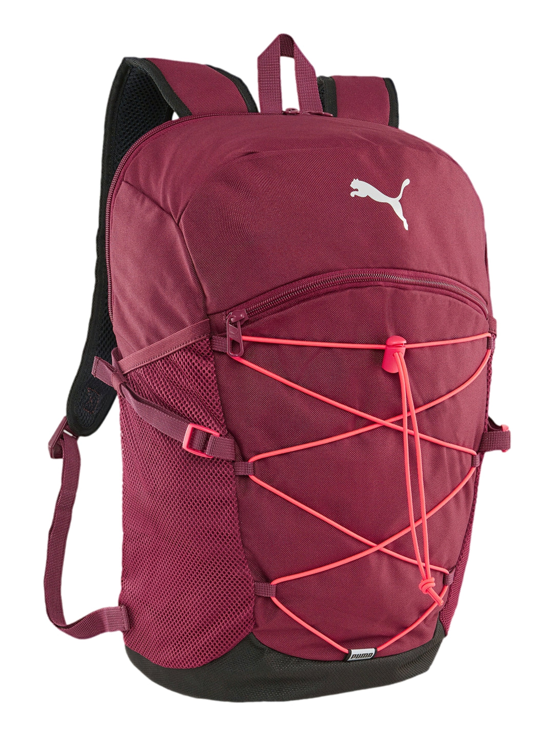 Mochila PUMA color Dark Jasper con detalles en rosa y negro, diseño deportivo con cordones frontales.