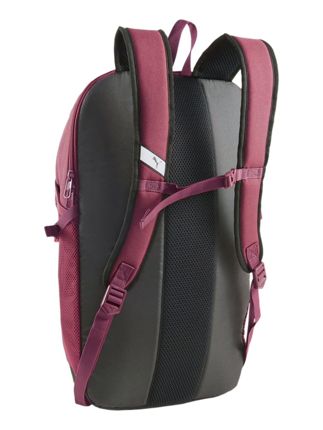 Mochila PUMA color Dark Jasper con detalles en rosa y negro, diseño deportivo con cordones frontales.