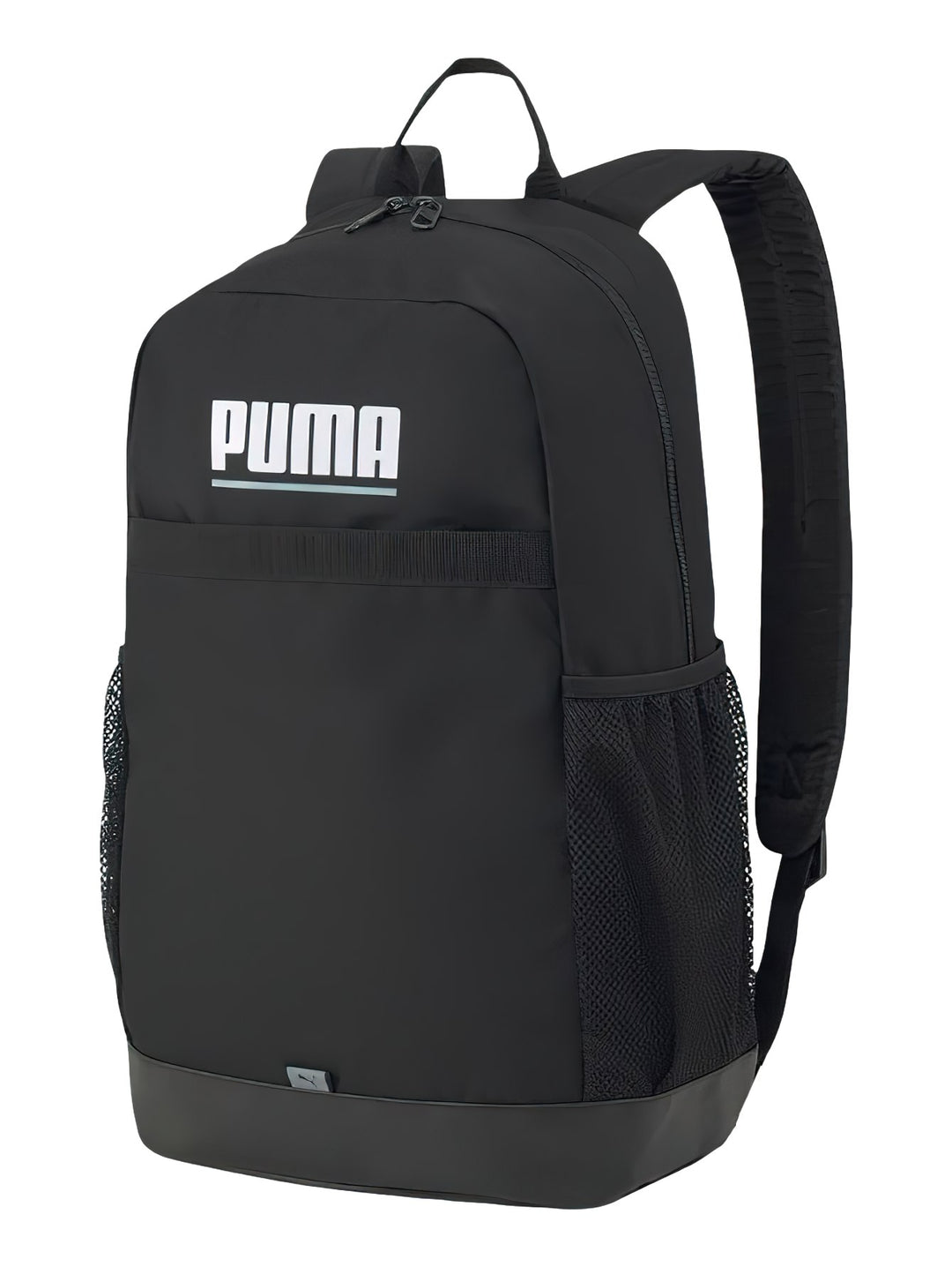 Mochila deportiva PUMA de color negro con logotipo blanco frontal y bolsillos laterales de malla.