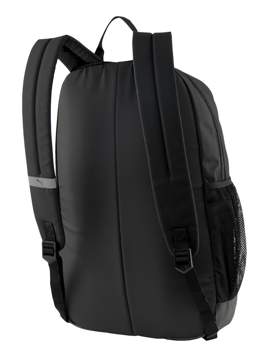 Mochila deportiva PUMA de color negro con logotipo blanco frontal y bolsillos laterales de malla.
