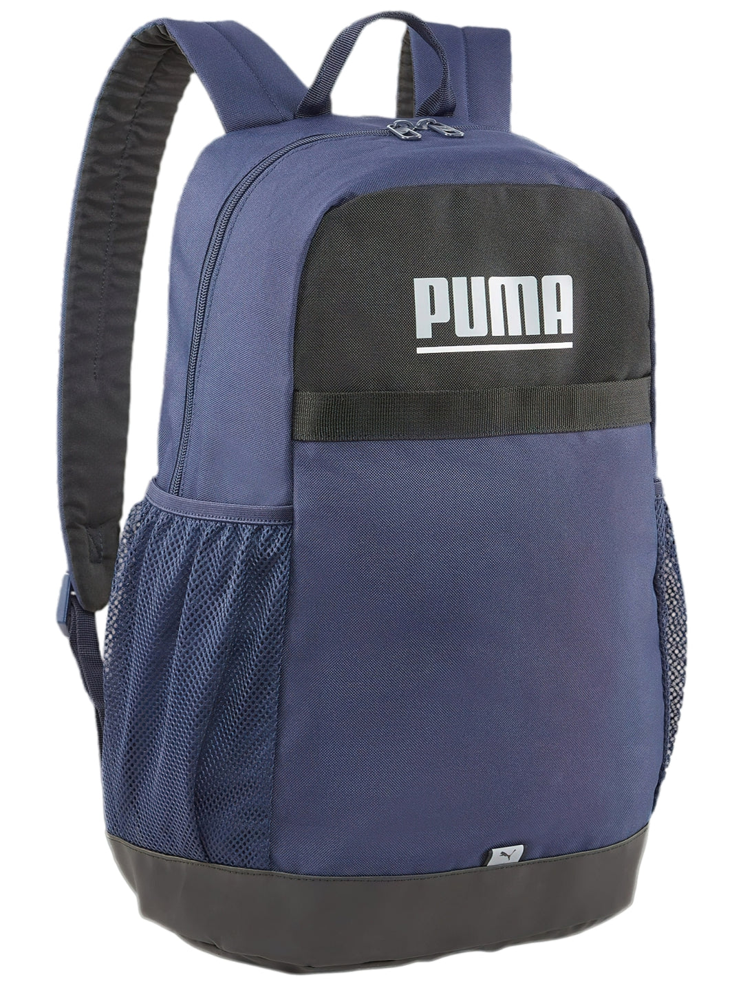 Mochila escolar PUMA color azul marino con panel superior y base en color negro.