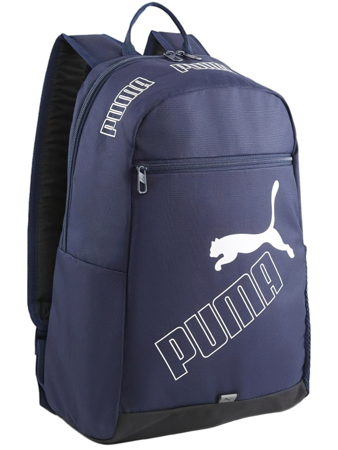 Mochila PUMA Phase Backpack II en color azul marino con logotipo blanco prominente y base negra.