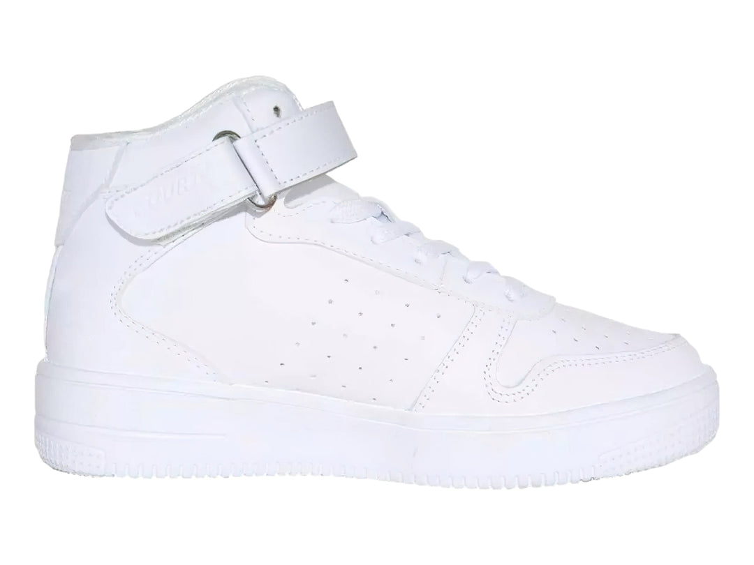 Tenis deportivos blancos de bota para Niño con agujetas y correa superior.