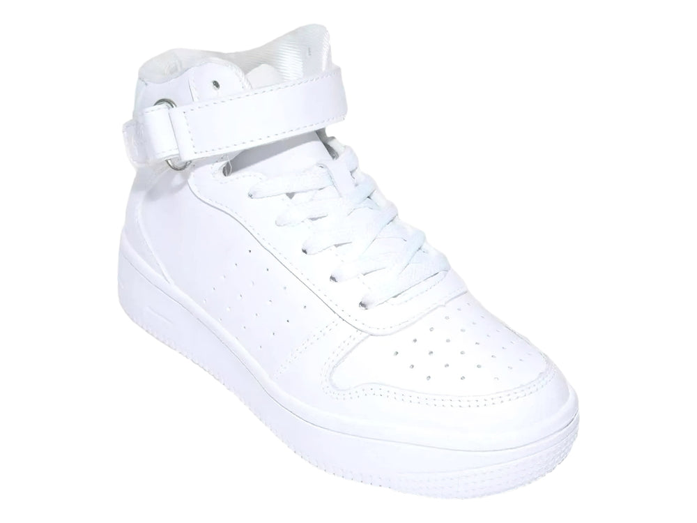 Tenis deportivos blancos de bota para Niño con agujetas y correa superior.