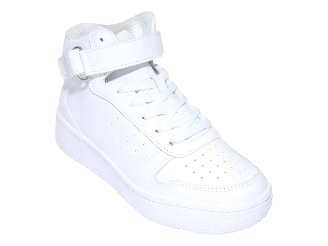 Tenis deportivos blancos de bota para Niño con agujetas y correa superior.