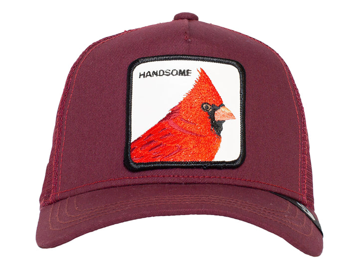 Gorra snapback color maroon con parche bordado de un pájaro cardenal rojo y texto Handsome.