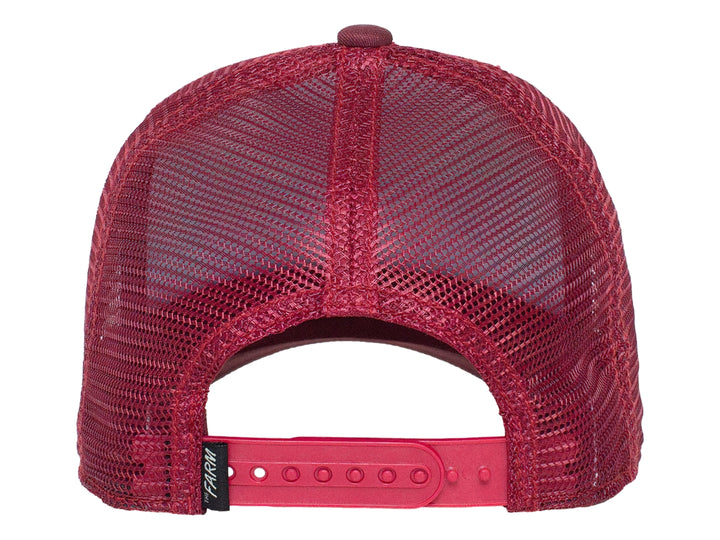 Gorra snapback color maroon con parche bordado de un pájaro cardenal rojo y texto Handsome.