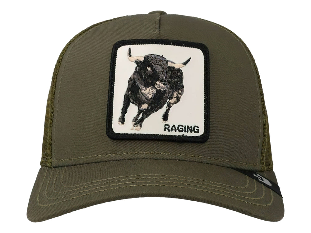 Gorra Goorin Bros color olive con parche frontal de un toro y malla trasera.