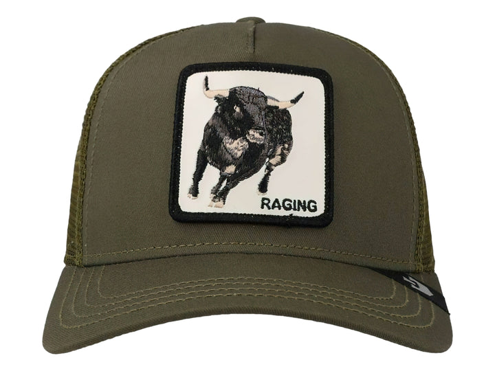 Gorra Goorin Bros color olive con parche frontal de un toro y malla trasera.