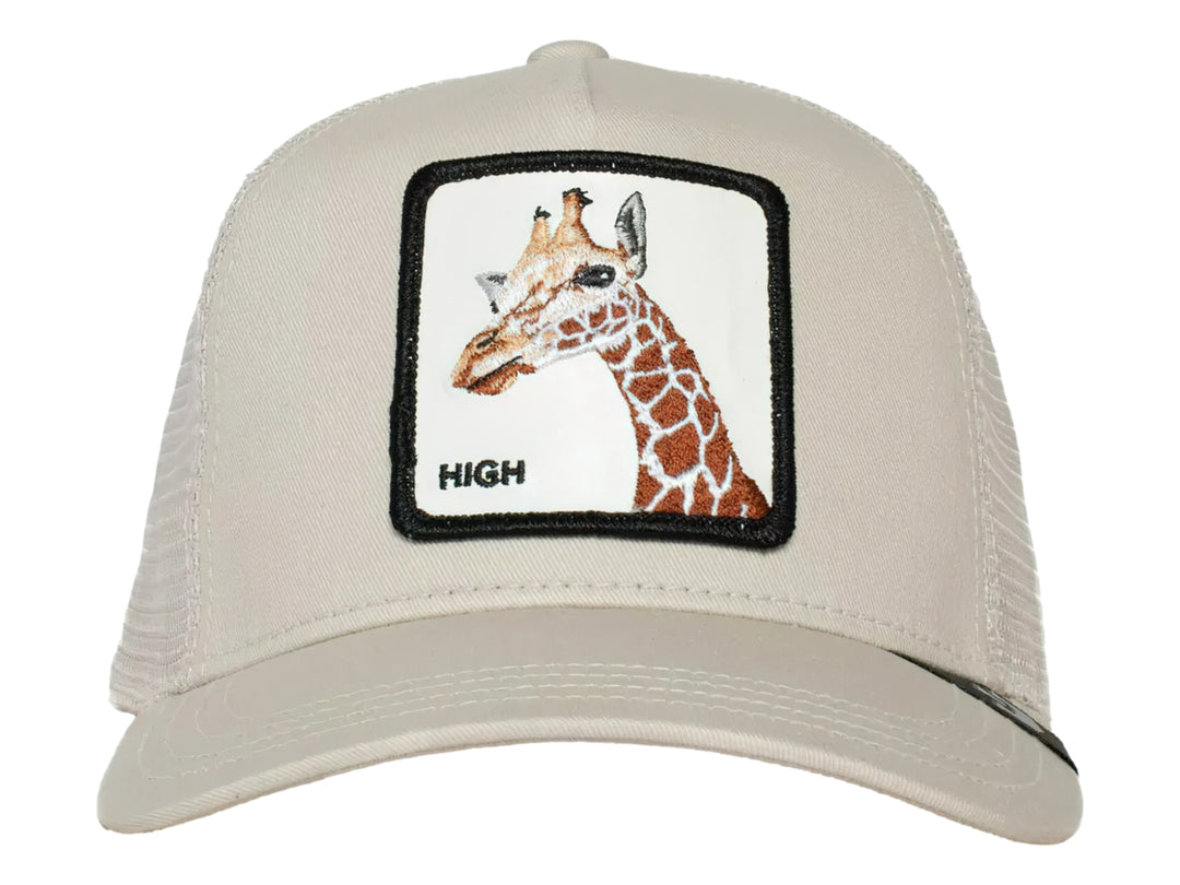 Gorra snapback color khaki con parche de jirafa en el frente y parte posterior de malla.