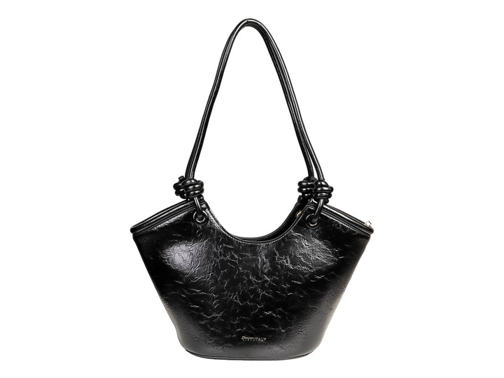 Bolsa de hombro color negro con textura rugosa y asas detalladas con nudos en los extremos.