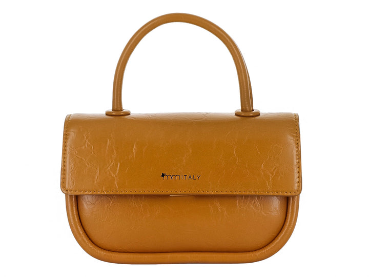 Bolso de mano color mostaza con asa superior circular y cierre de solapa, estilo casual.