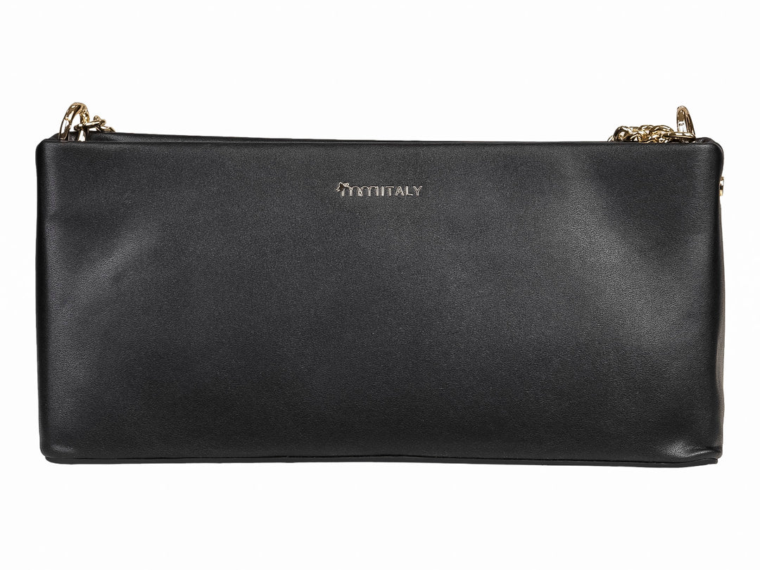Bolso de mano color negro con forma rectangular, cierre superior y detalles en cadena dorada.