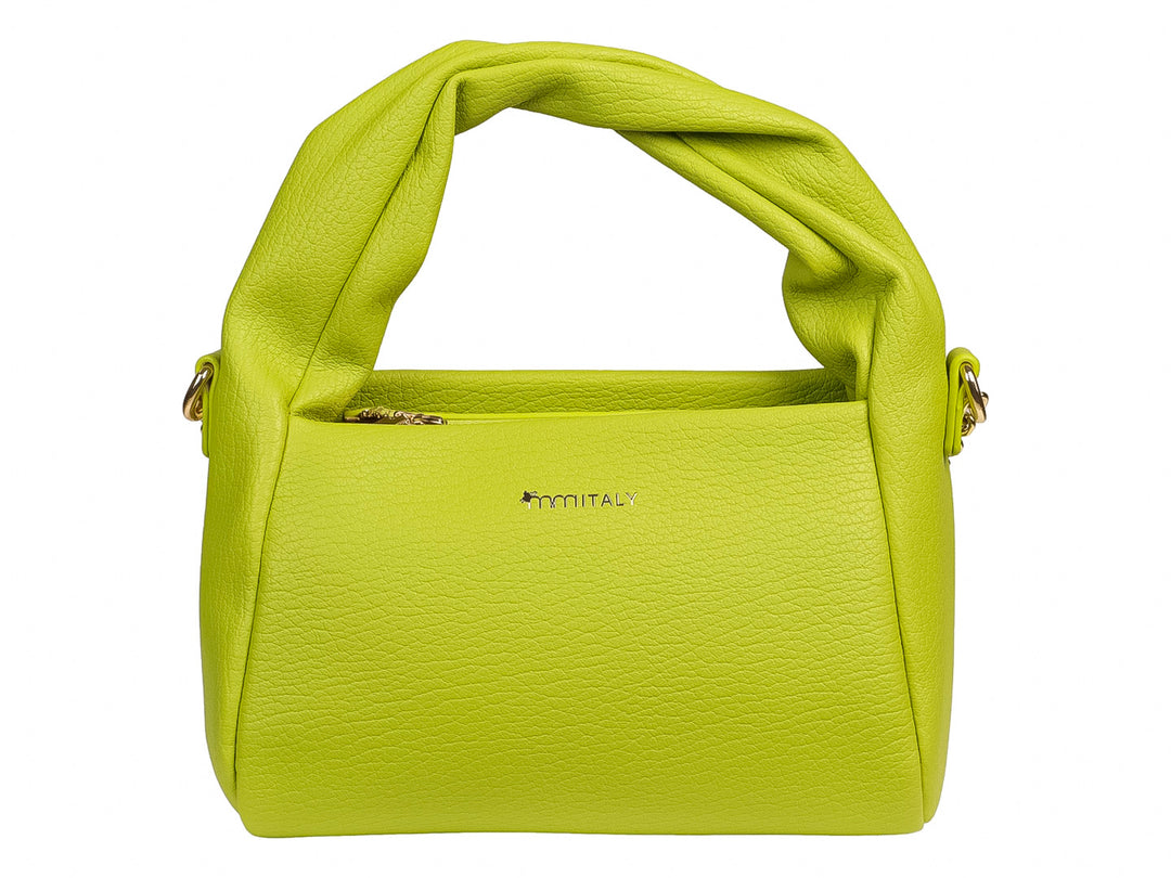 Bolsa de mano color limón con asa superior gruesa y texturizada.