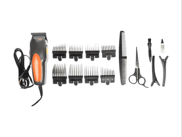 Juego de peluquería Conair Man en colores negro y naranja con diseño ergonómico.