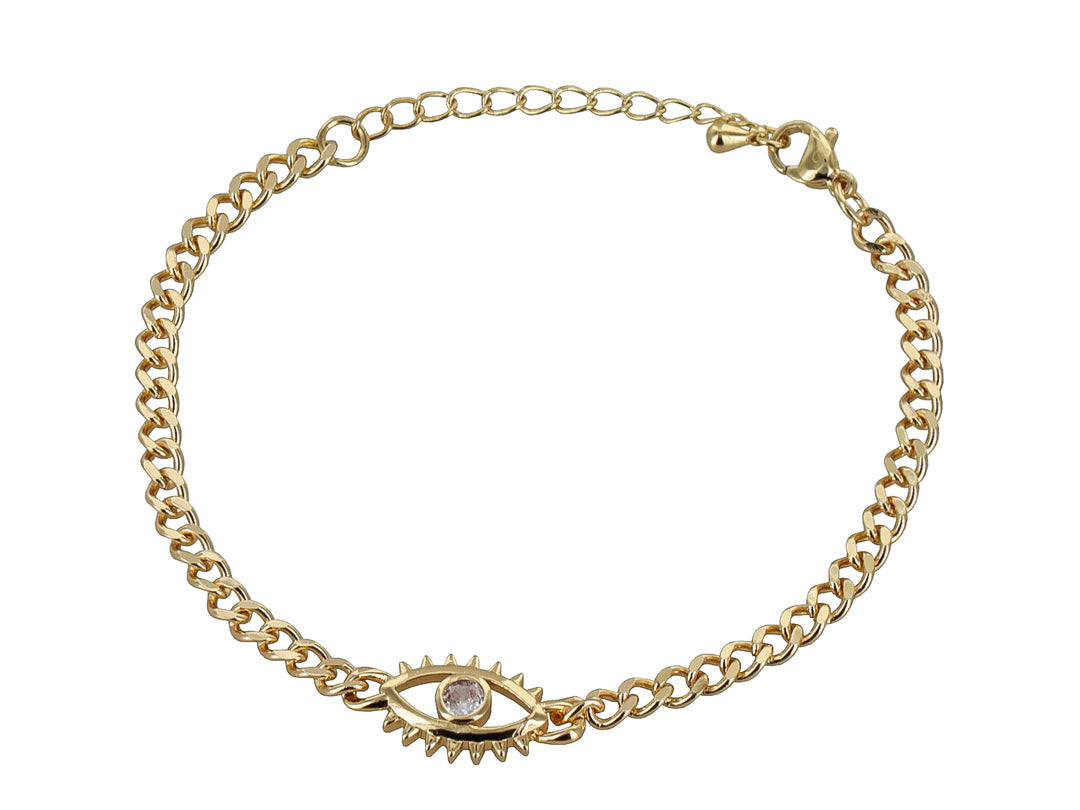 Pulsera de cadena dorada con un dije central en forma de ojo adornado con una piedra brillante blanca.