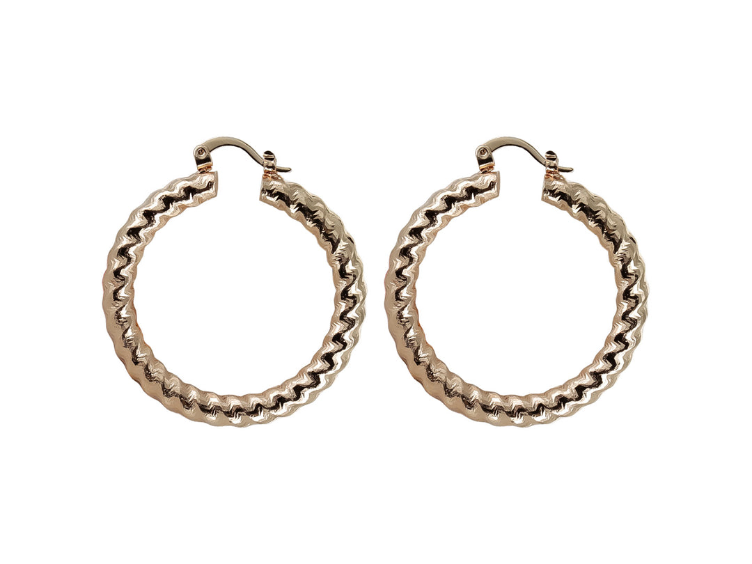 Par de aretes tipo arracada en color dorado con diseño texturizado y cierre de gancho.
