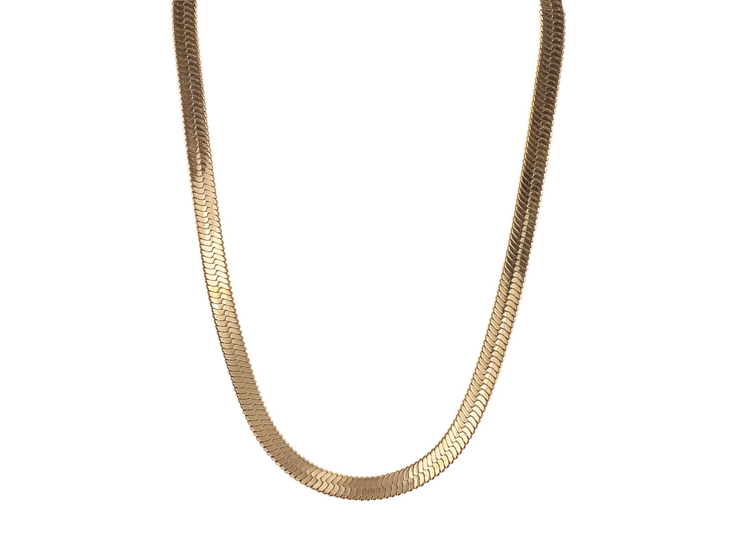 Collar de cadena dorada con eslabones planos y brillantes sobre fondo blanco.