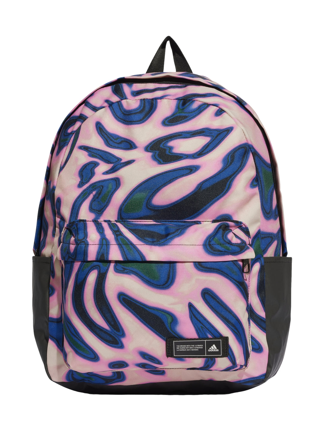 Mochila Adidas con estampado abstracto multicolor en tonos azul, rosa y morado con detalles en negro.