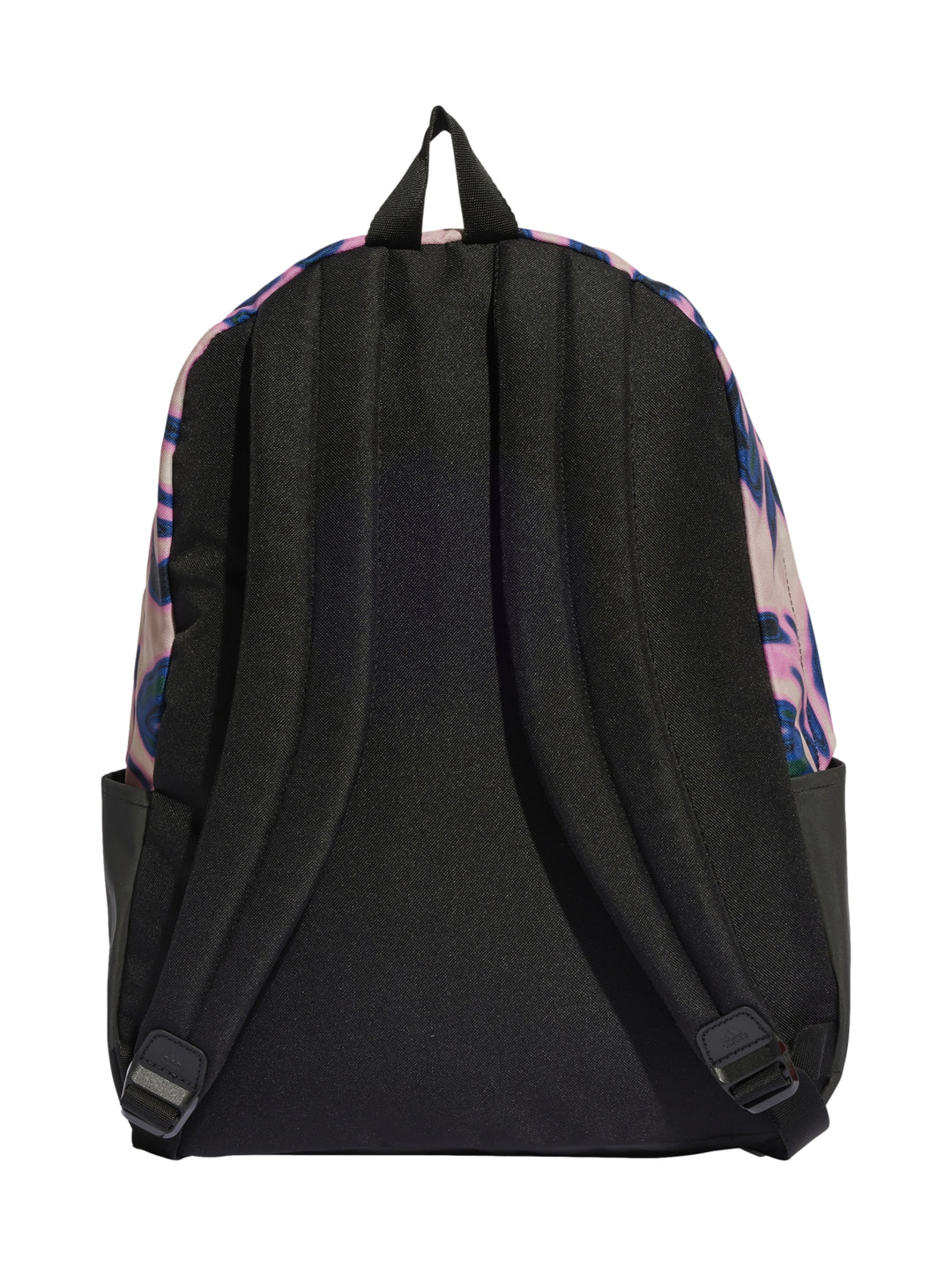 Mochila Adidas con estampado abstracto multicolor en tonos azul, rosa y morado con detalles en negro.